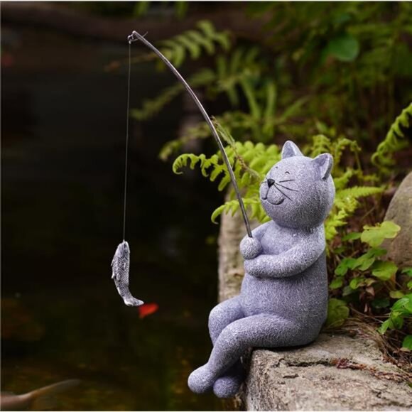 Fishing Cat Garden Statue – 10" Little Cat Fisher for Garden Pond Decor - Picture 1 of 8